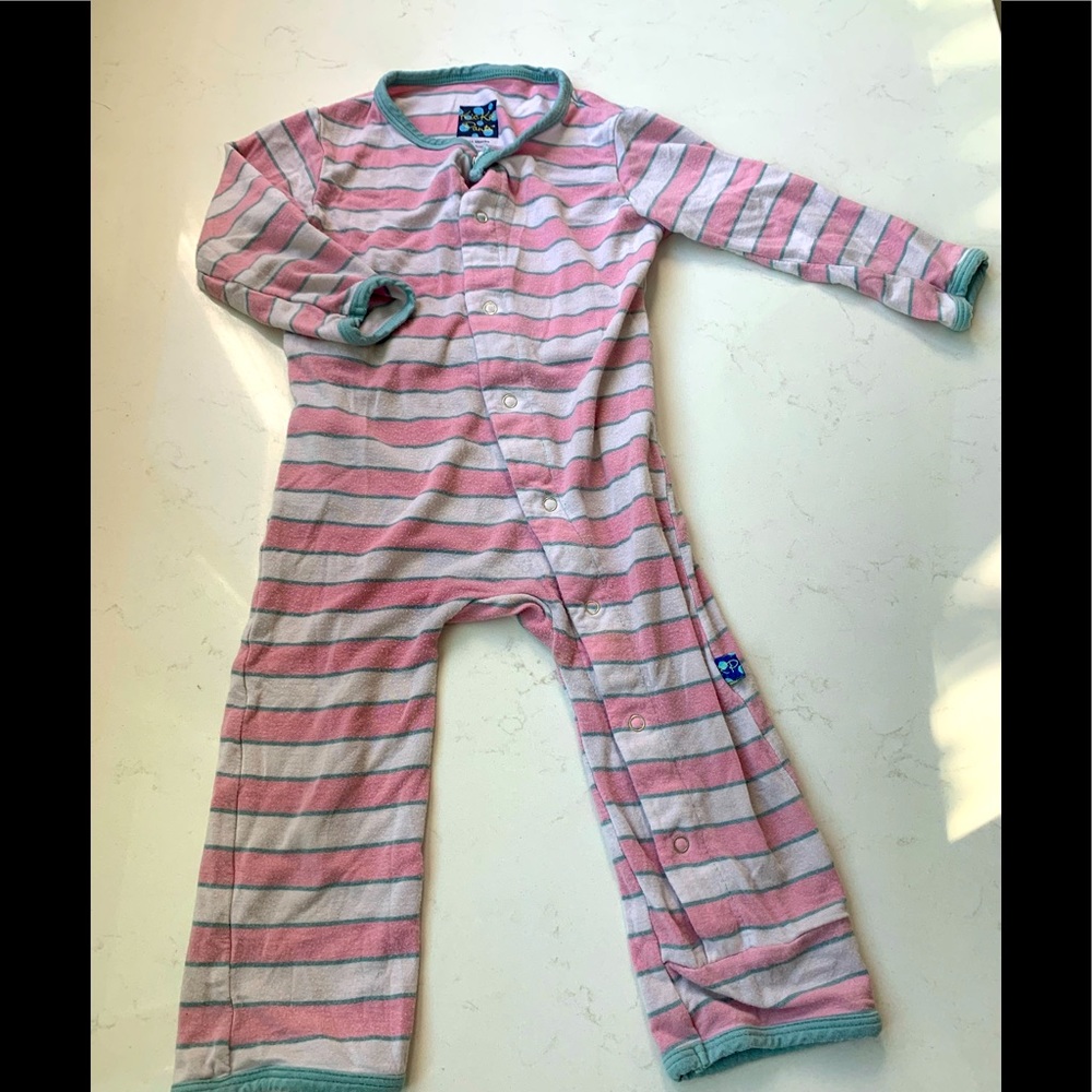 Kickee pants pink and white striped one piece. 12-18 months.